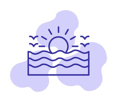 Uçan martılar ikonuyla güneş ve denizin vektör çizimi 