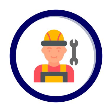 Araba tamircisi ikonu. Ağ için ingiliz anahtarı ve sert başlıklı vektör simgelerine sahip insan tasviri