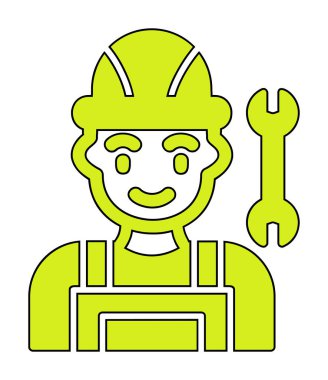 Araba tamircisi ikonu. Ağ için ingiliz anahtarı ve sert başlıklı vektör simgelerine sahip insan tasviri