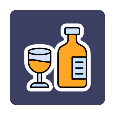 Şarap kadehi simgesi olan şişe, vektör illüstrasyonu 