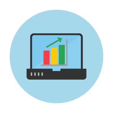 Dizüstü bilgisayar ekran simgesi üzerindeki bar grafiği, vektör illüstrasyonu