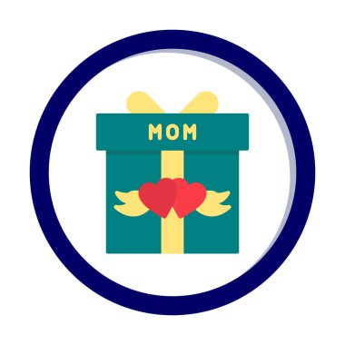 Anneler günü simgesi, kırmızı kalpli hediye kutusu ve anne metni, vektör düz simgesi 