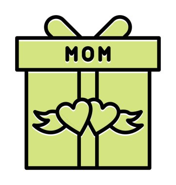 Anneler günü simgesi, kırmızı kalpli hediye kutusu ve anne metni, vektör düz simgesi 