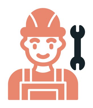 Araba tamircisi ikonu. Ağ için ingiliz anahtarı ve sert başlıklı vektör simgelerine sahip insan tasviri