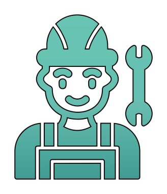 Araba tamircisi ikonu. Ağ için ingiliz anahtarı ve sert başlıklı vektör simgelerine sahip insan tasviri