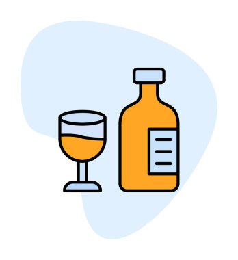 Şarap kadehi simgesi olan şişe, vektör illüstrasyonu 