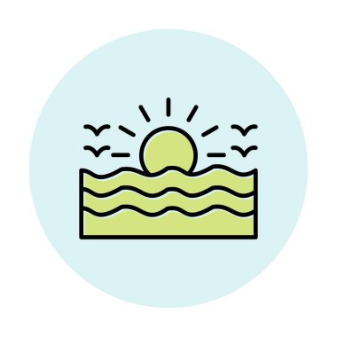 Uçan martılar ikonuyla güneş ve denizin vektör çizimi 