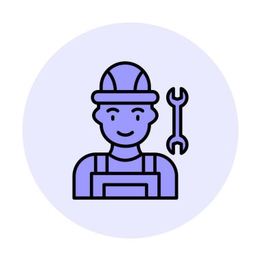 Araba tamircisi ikonu. Ağ için ingiliz anahtarı ve sert başlıklı vektör simgelerine sahip insan tasviri