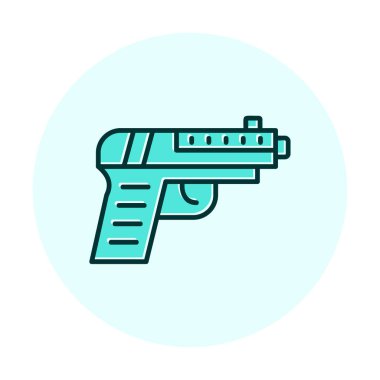 Beyaz zemin üzerinde kalkan simgesi olan mavi çizgi tabancası. Askeri silah sembolü. Polis tabancası. Savunma sistemi. vektör.