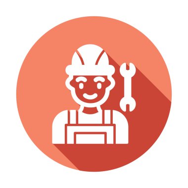 Araba tamircisi ikonu. Ağ için ingiliz anahtarı ve sert başlıklı vektör simgelerine sahip insan tasviri