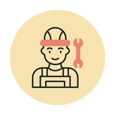 Araba tamircisi ikonu. Ağ için ingiliz anahtarı ve sert başlıklı vektör simgelerine sahip insan tasviri