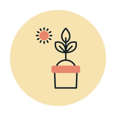 Güneş ve bitki saksı ikonunda. Vektör çizimi. Fotosentez sembolü 