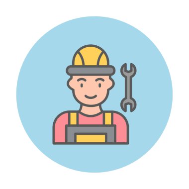 Araba tamircisi ikonu. Ağ için ingiliz anahtarı ve sert başlıklı vektör simgelerine sahip insan tasviri