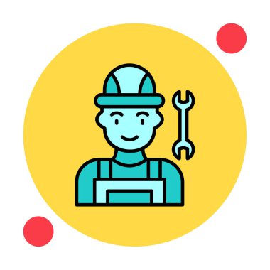 Araba tamircisi ikonu. Ağ için ingiliz anahtarı ve sert başlıklı vektör simgelerine sahip insan tasviri