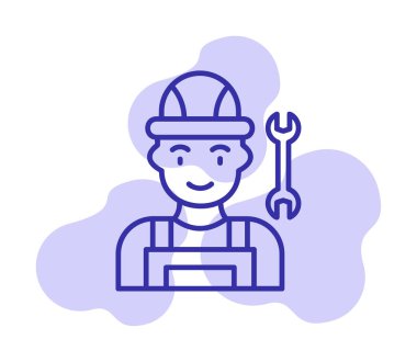 Araba tamircisi ikonu. Ağ için ingiliz anahtarı ve sert başlıklı vektör simgelerine sahip insan tasviri