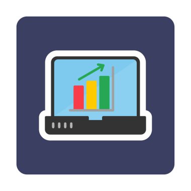 Dizüstü bilgisayar ekran simgesi üzerindeki bar grafiği, vektör illüstrasyonu