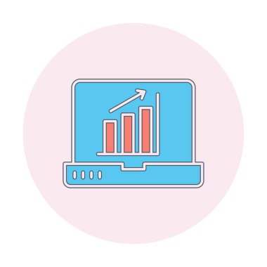 Dizüstü bilgisayar ekran simgesi üzerindeki bar grafiği, vektör illüstrasyonu