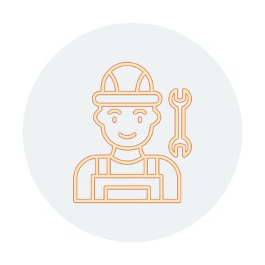 Araba tamircisi ikonu. Ağ için ingiliz anahtarı ve sert başlıklı vektör simgelerine sahip insan tasviri