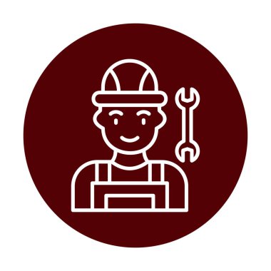 Araba tamircisi ikonu. Ağ için ingiliz anahtarı ve sert başlıklı vektör simgelerine sahip insan tasviri