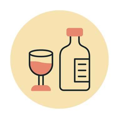 Şarap kadehi simgesi olan şişe, vektör illüstrasyonu 