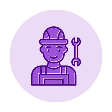 Araba tamircisi ikonu. Ağ için ingiliz anahtarı ve sert başlıklı vektör simgelerine sahip insan tasviri