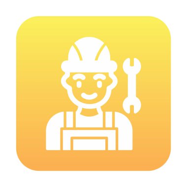 Araba tamircisi ikonu. Ağ için ingiliz anahtarı ve sert başlıklı vektör simgelerine sahip insan tasviri