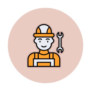 Araba tamircisi ikonu. Ağ için ingiliz anahtarı ve sert başlıklı vektör simgelerine sahip insan tasviri