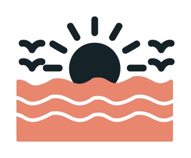 Uçan martılar ikonuyla güneş ve denizin vektör çizimi 