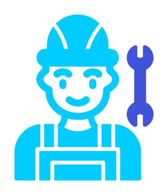 Araba tamircisi ikonu. Ağ için ingiliz anahtarı ve sert başlıklı vektör simgelerine sahip insan tasviri