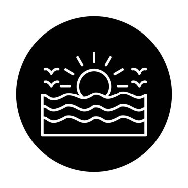 Uçan martılar ikonuyla güneş ve denizin vektör çizimi 