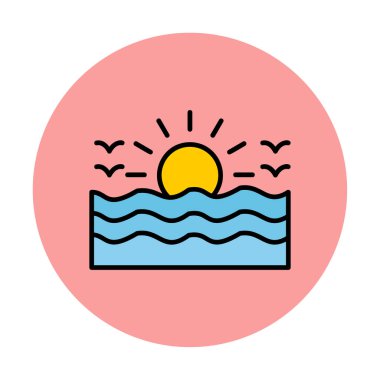 Uçan martılar ikonuyla güneş ve denizin vektör çizimi 