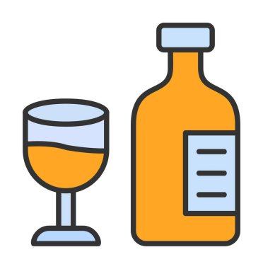 Şarap kadehi simgesi olan şişe, vektör illüstrasyonu 