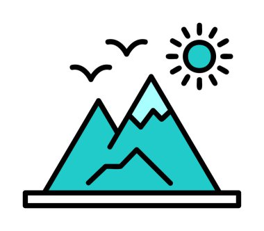 Dağların ve güneşin simgesi. vektör illüstrasyonu