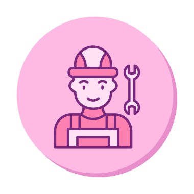 Araba tamircisi ikonu. Ağ için ingiliz anahtarı ve sert başlıklı vektör simgelerine sahip insan tasviri