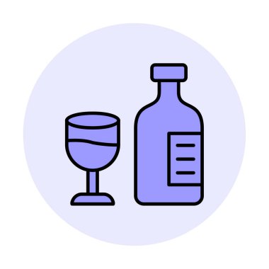 Şarap kadehi simgesi olan şişe, vektör illüstrasyonu 