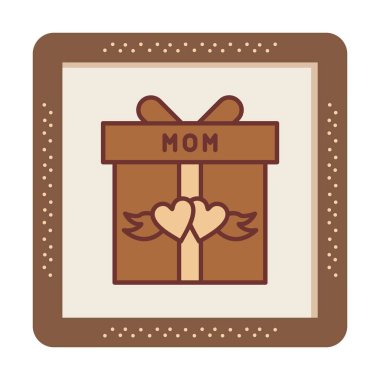 Anneler günü simgesi, kırmızı kalpli hediye kutusu ve anne metni, vektör düz simgesi 