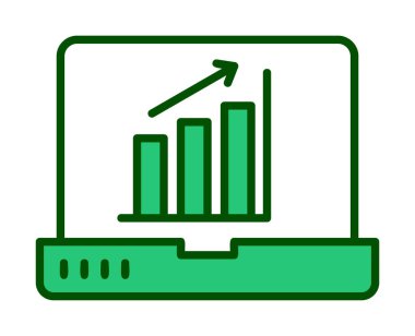 Dizüstü bilgisayar ekran simgesi üzerindeki bar grafiği, vektör illüstrasyonu