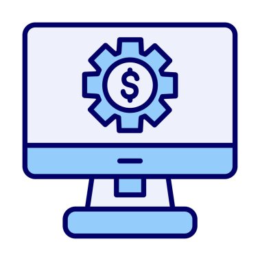 Dolar sembollü bilgisayar monitörü. İnternetten alışveriş konsepti. İnternetten kazanç, pazarlama. Vektör İllüstrasyonu