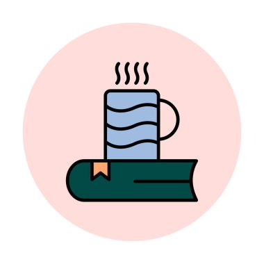 sıcak çay ve kitap simgesi, ana hatlı biçim çizimi 