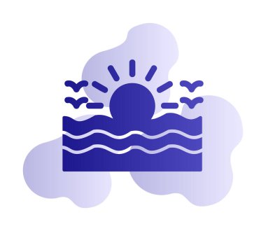 Uçan martılar ikonuyla güneş ve denizin vektör çizimi 