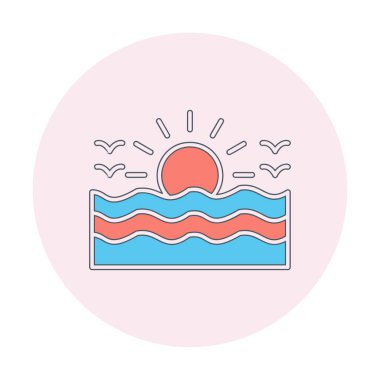 Uçan martılar ikonuyla güneş ve denizin vektör çizimi 