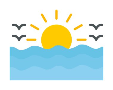 Uçan martılar ikonuyla güneş ve denizin vektör çizimi 