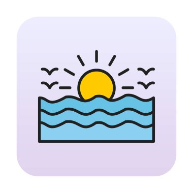 Uçan martılar ikonuyla güneş ve denizin vektör çizimi 