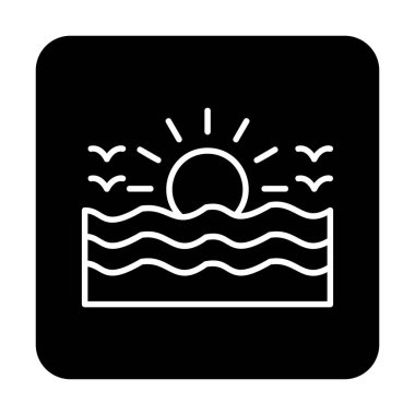 Uçan martılar ikonuyla güneş ve denizin vektör çizimi 