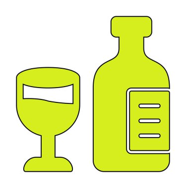 Şarap kadehi simgesi olan şişe, vektör illüstrasyonu 