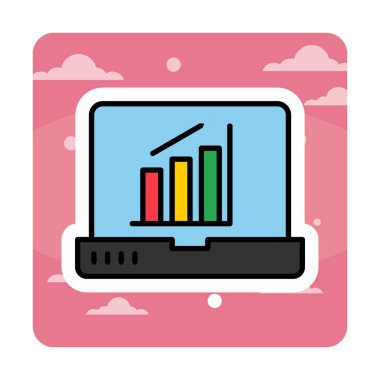 Dizüstü bilgisayar ekran simgesi üzerindeki bar grafiği, vektör illüstrasyonu