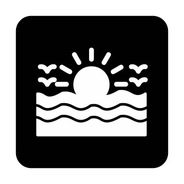 Uçan martılar ikonuyla güneş ve denizin vektör çizimi 