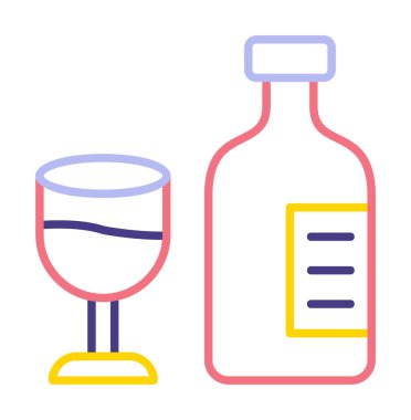 Şarap kadehi simgesi olan şişe, vektör illüstrasyonu 