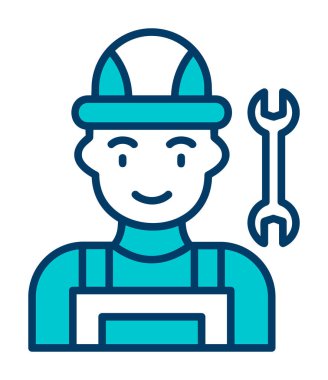 Araba tamircisi ikonu. Ağ için ingiliz anahtarı ve sert başlıklı vektör simgelerine sahip insan tasviri