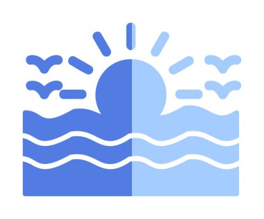 Uçan martılar ikonuyla güneş ve denizin vektör çizimi 